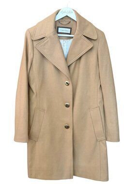 Calvin Klein Camel Brown Wool Long Peacoat Silver Buttons Women's size L